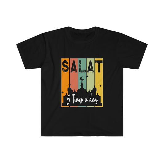 Cool Vintage Halal Design for Kids and Adults "First Salat 5 Times Day" For Muslim Prayer remembrance Unisex Soft style T-Shirt